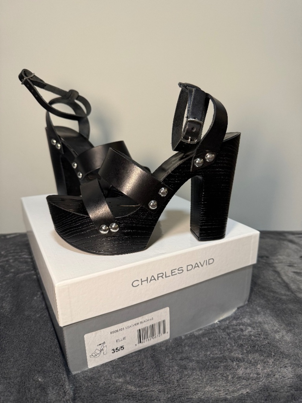 Charles David Wedge Platform Heel Black Strappy Stud Detail
